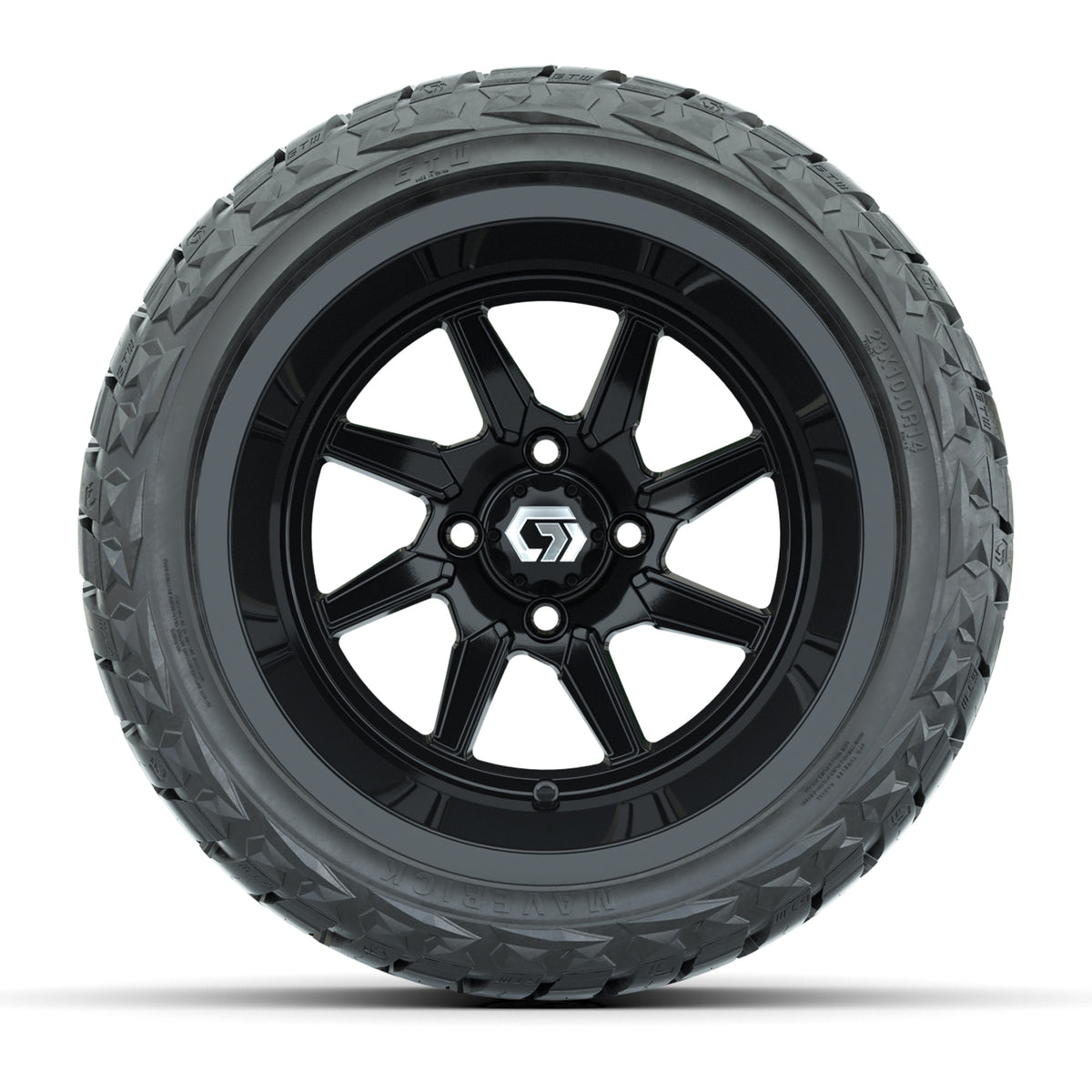 GTW Reaper Gloss Black 14" Golf Cart Wheels & 23X10-R14 Maverick Steel Belted Radial A/T Tires – Set of 4