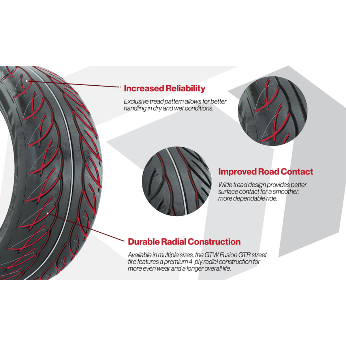 GTW Reaper Gloss Black 14x9 Wheels with 255/45-R14 Fusion GTR Street Tires - Set of 4
