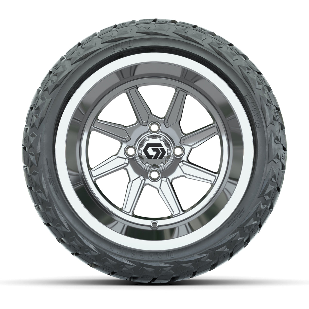 GTW Reaper Chrome 14" Golf Cart Wheels & 23X10-R14 Maverick Steel Belted Radial A/T Tires – Set of 4