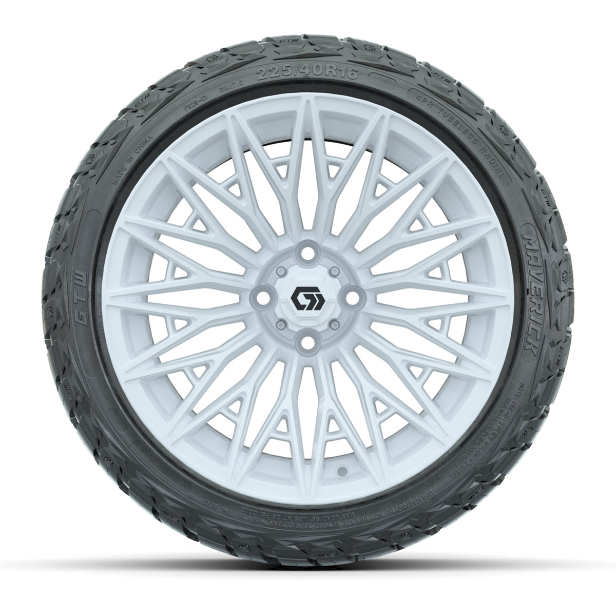 GTW 16" BLUR Gloss White Golf Cart Wheels & 225/40R16 Maverick All-Terrain Tires