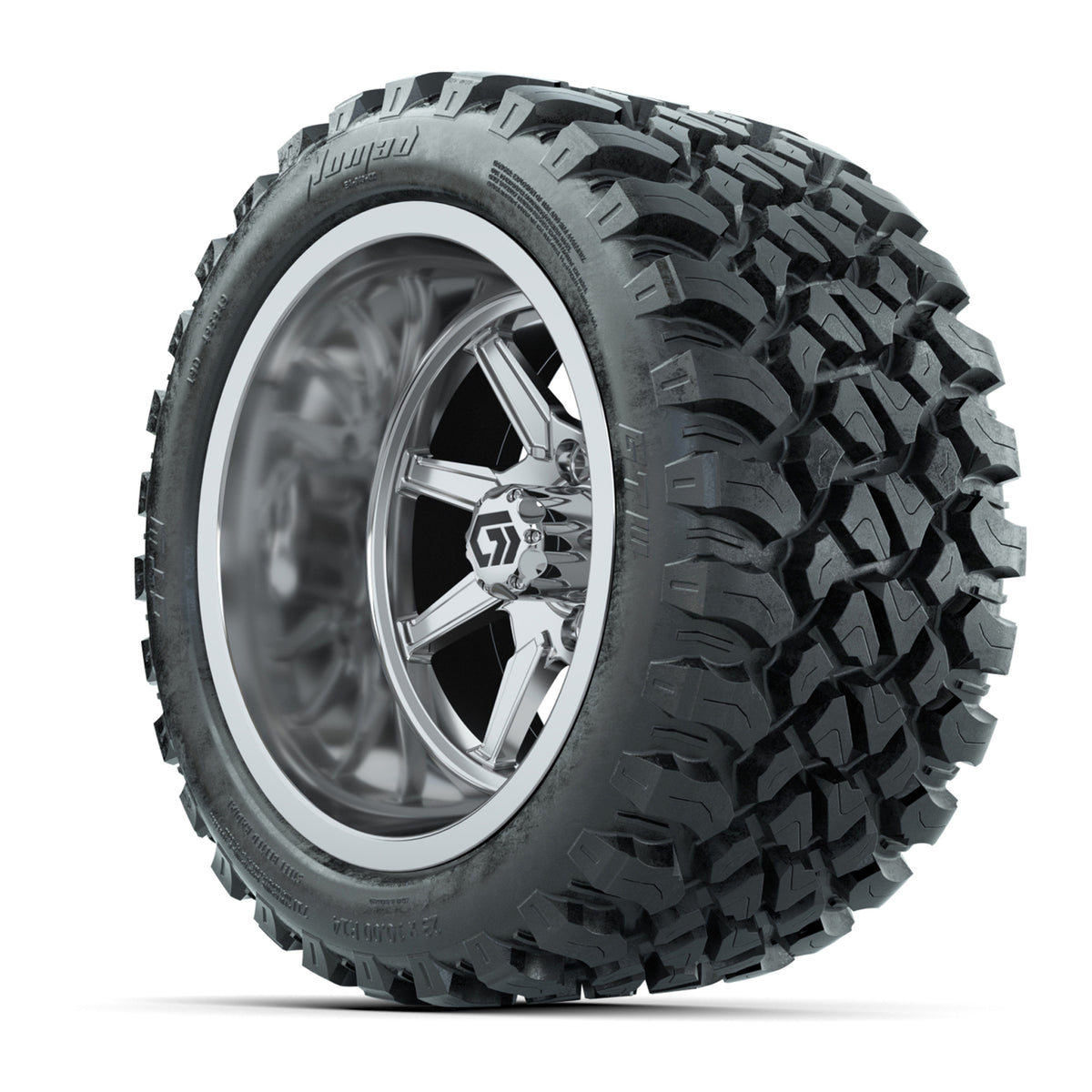 GTW Reaper Chrome 14" Golf Cart Wheels & 23X10-R14 Nomad Steel Belted Radial A/T Tires – Set of 4