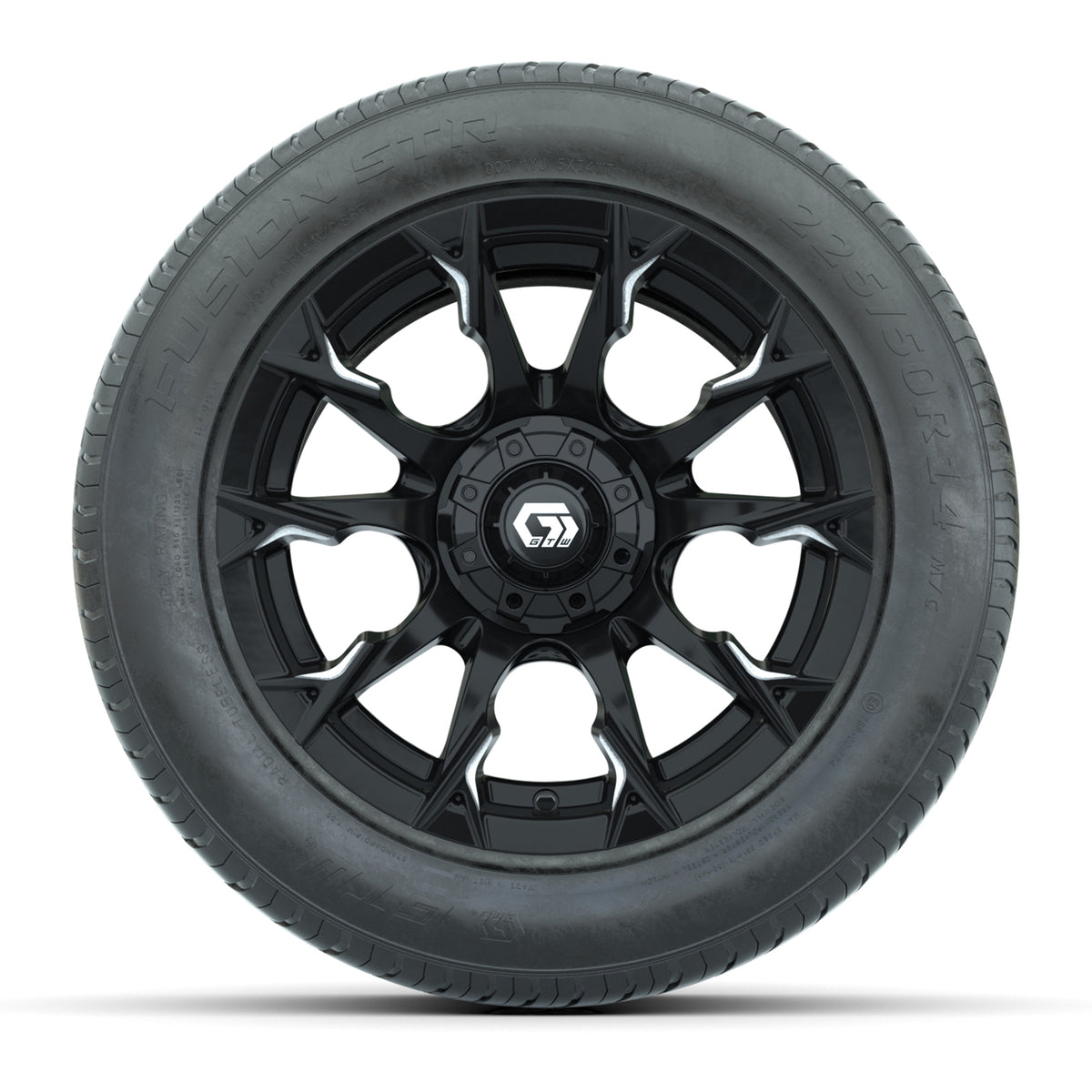 GTW® Diablo Gloss Black and Machined 14" Wheels with 225/50-R14 Fusion STR DOT Approved Street Tires - Full Set