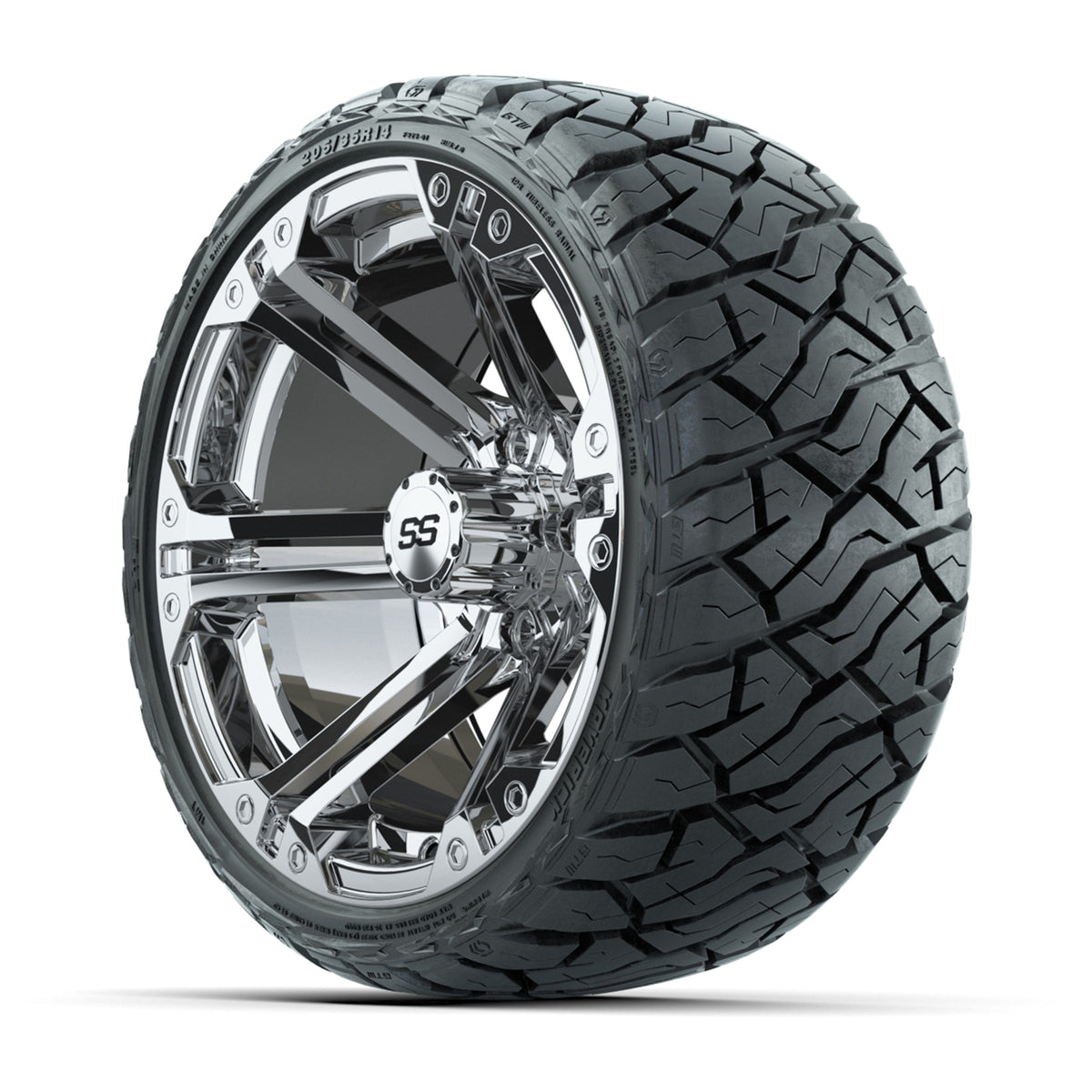GTW Specter Chrome 14 in Wheels with 205/35-R14 Maverick Low-Profile All-Terrain Tires – Full Set