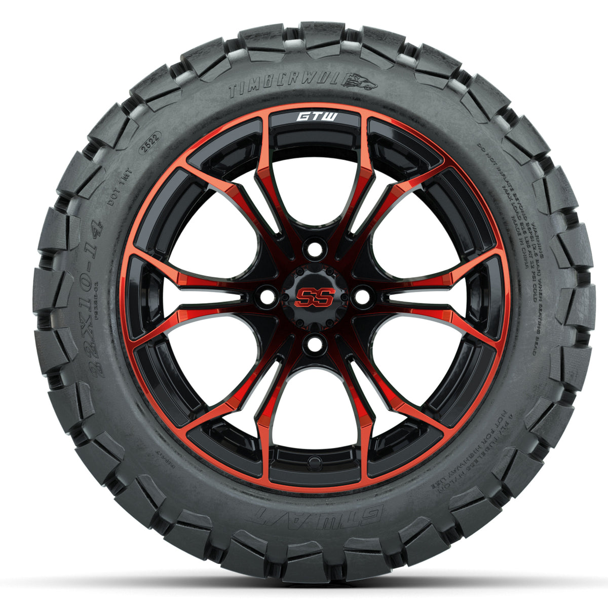 GTW Spyder Red/Black 14" Wheels 22x10-14 GTW Timberwolf All-Terrain Tires Full Set