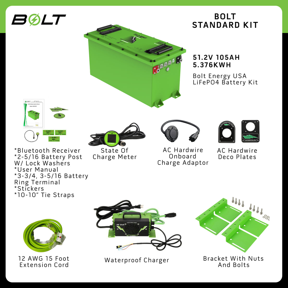 Bolt Energy 51.2V 105Ah LiFePO4 for Evolution Golf Carts – No Factory Screen | Drop-In Lithium Kit