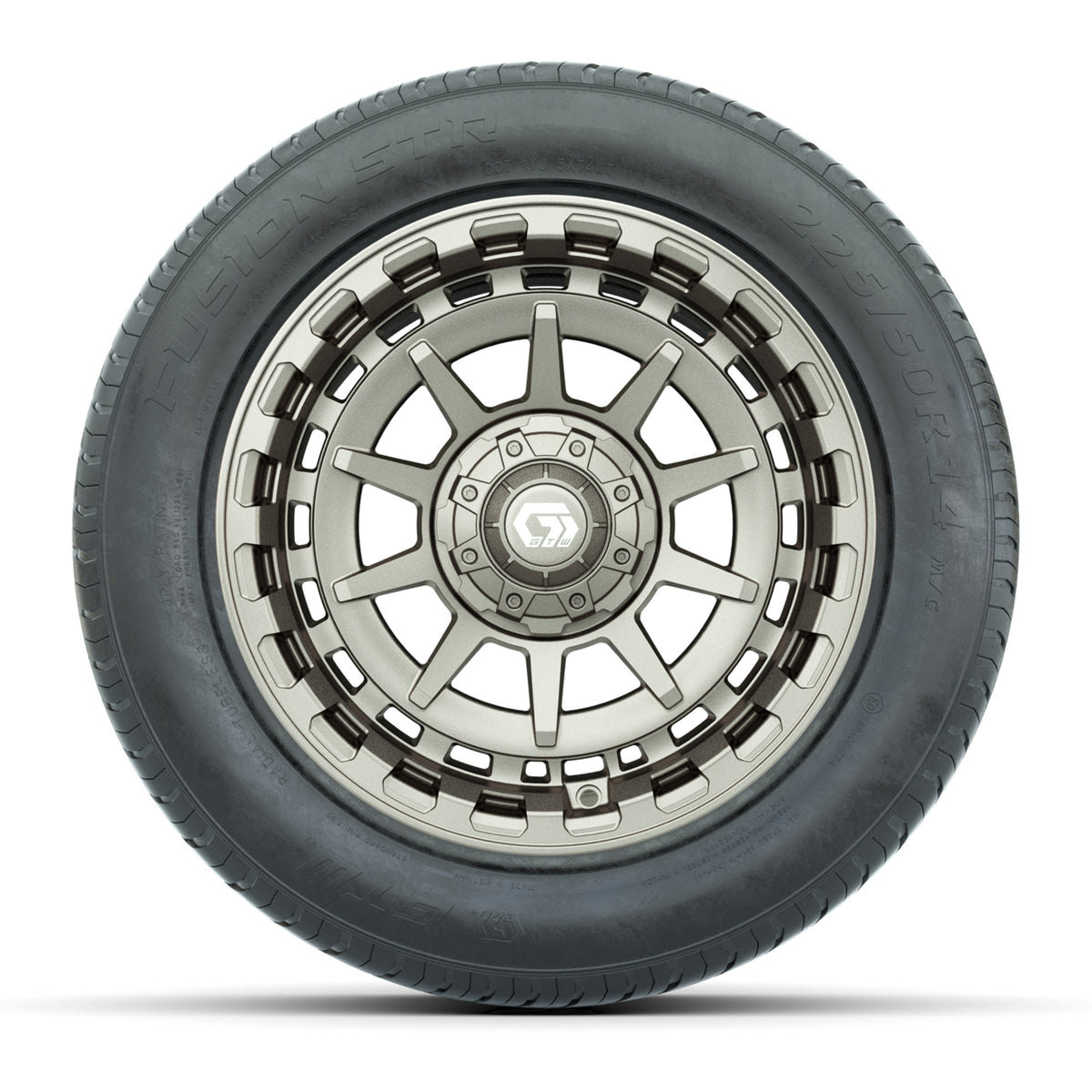 GTW® Barricade Satin Bronze 14" Wheels with 225/50-R14 Fusion STR DOT Approved Street Tires - Full Set