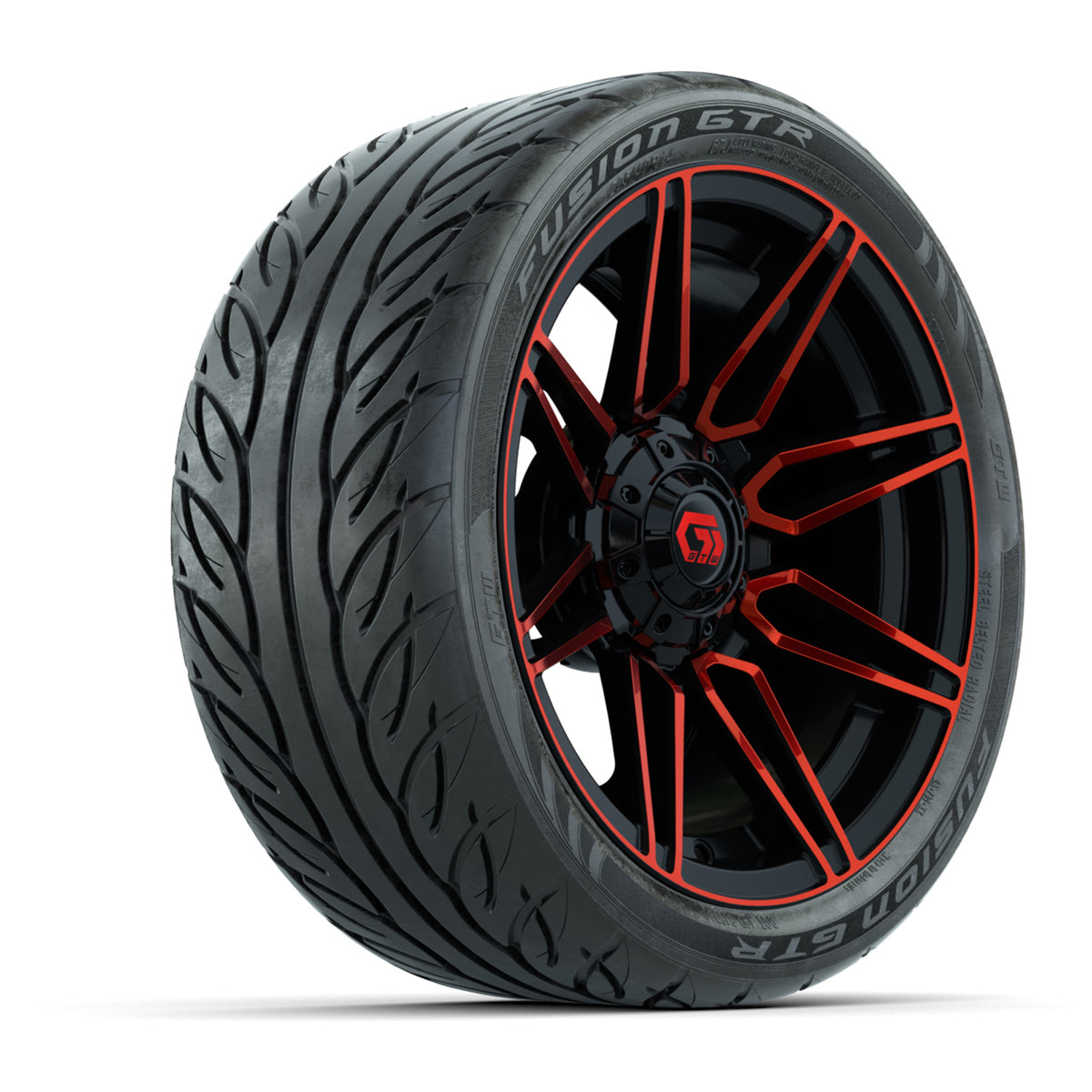 GTW® Stealth Gloss Black/Red 14 in Wheels with 205/40-R14 Fusion GTR Steel Belted Street Tires Full Set