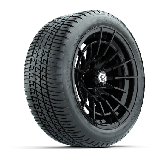 GTW® Boost Gloss Black 14 in Wheels with 205/30-14 Fusion Street Tires Full Set