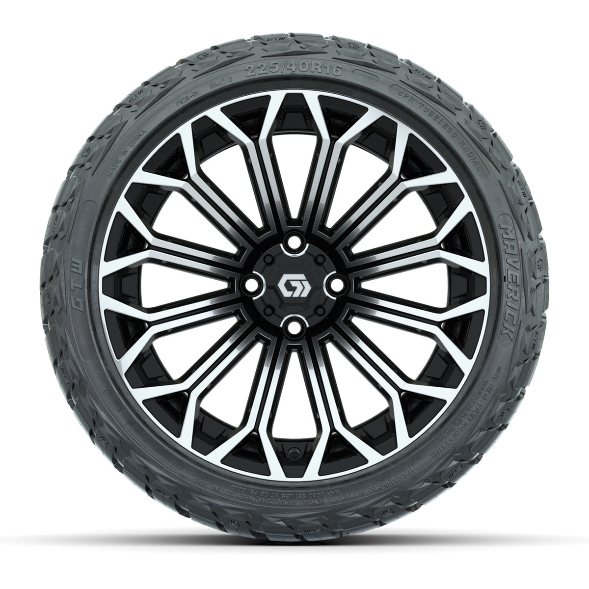 GTW® Phantom Black/Machined 16" Golf Cart Wheels with 225/40-R16 Maverick A/T Tires - Full Set