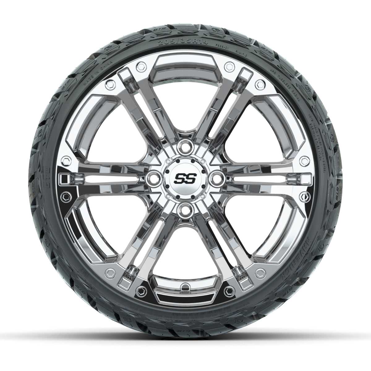 GTW Specter Chrome 14 in Wheels with 205/35-R14 Maverick Low-Profile All-Terrain Tires – Full Set