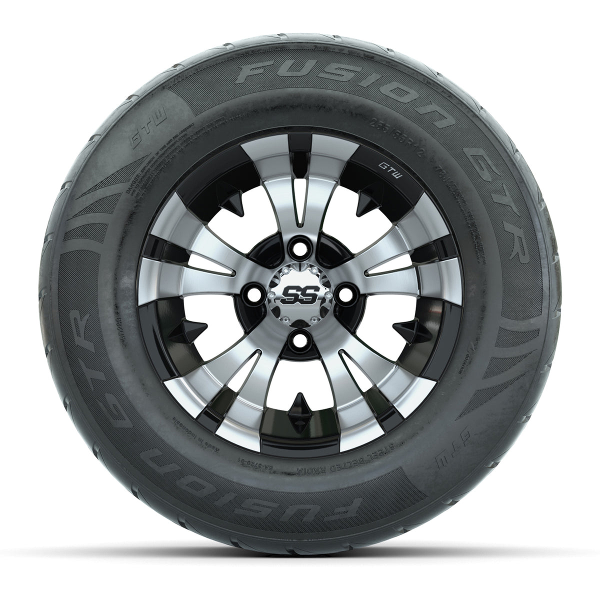 GTW® Vampire Black/Machined 12" Wheels with 255/55-R12 Fusion GTR Steel Belt Radial Street Tires – Full Set