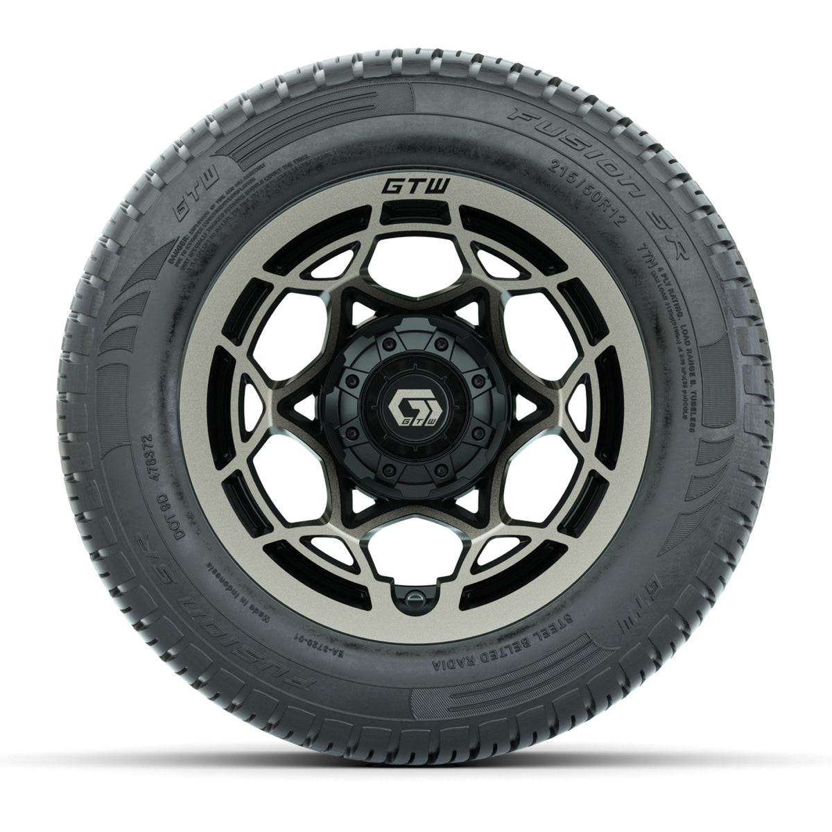 GTW® Nexus Gloss Black/Satin Bronze 12 in Wheels with 215/50-R12 Fusion S/R Steel Belt Radial Tires Full Set