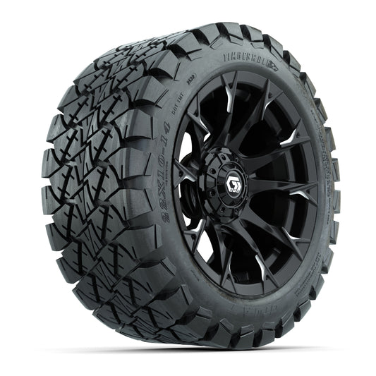 GTW® Diablo Gloss Black/Machined 14 in Wheels with 22x10-14 Timberwolf All-Terrain Tires Full Set