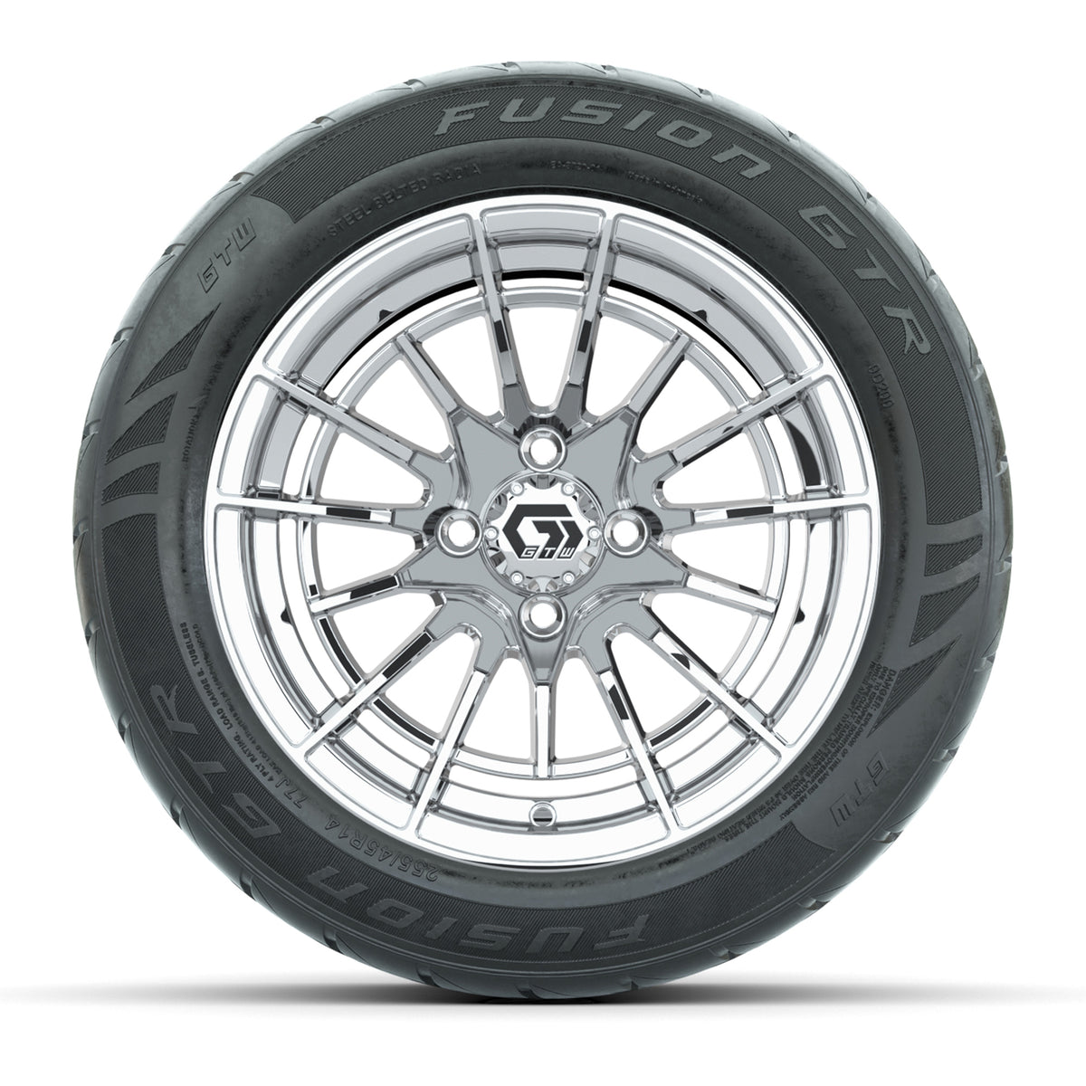 14" GTW® Boost Chrome Golf Cart Wheels & 255/45-R14 Fusion GTR Radial Street Tires (Set of 4)