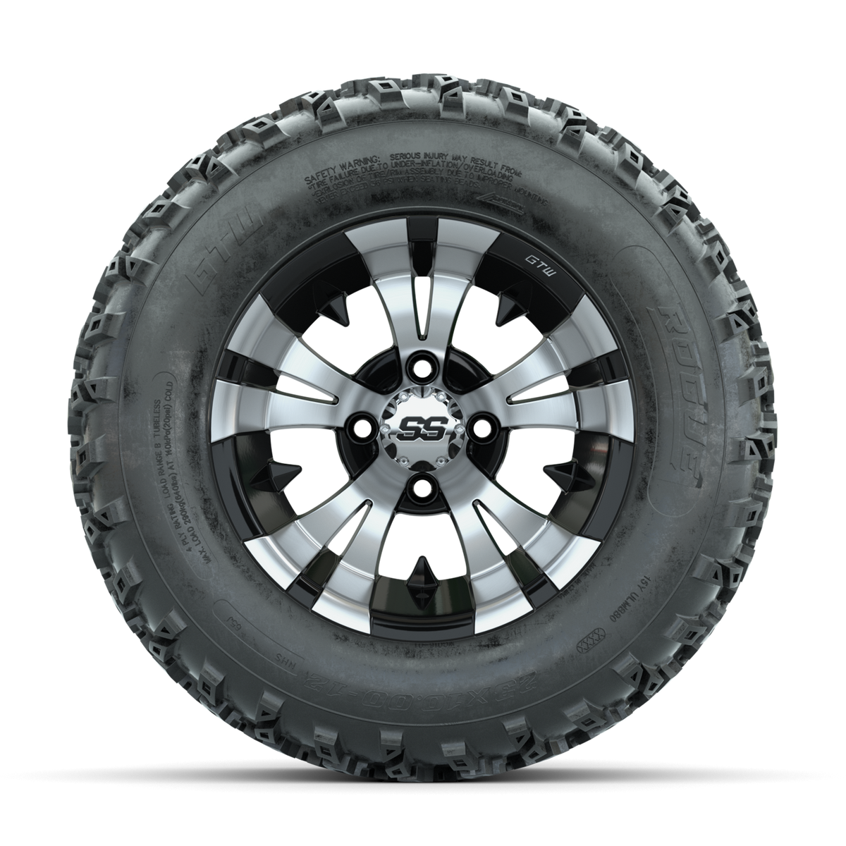 GTW Vampire Machined/Black 12 in Wheels with 23x10.00-12 Rogue All Terrain Tires Full Set