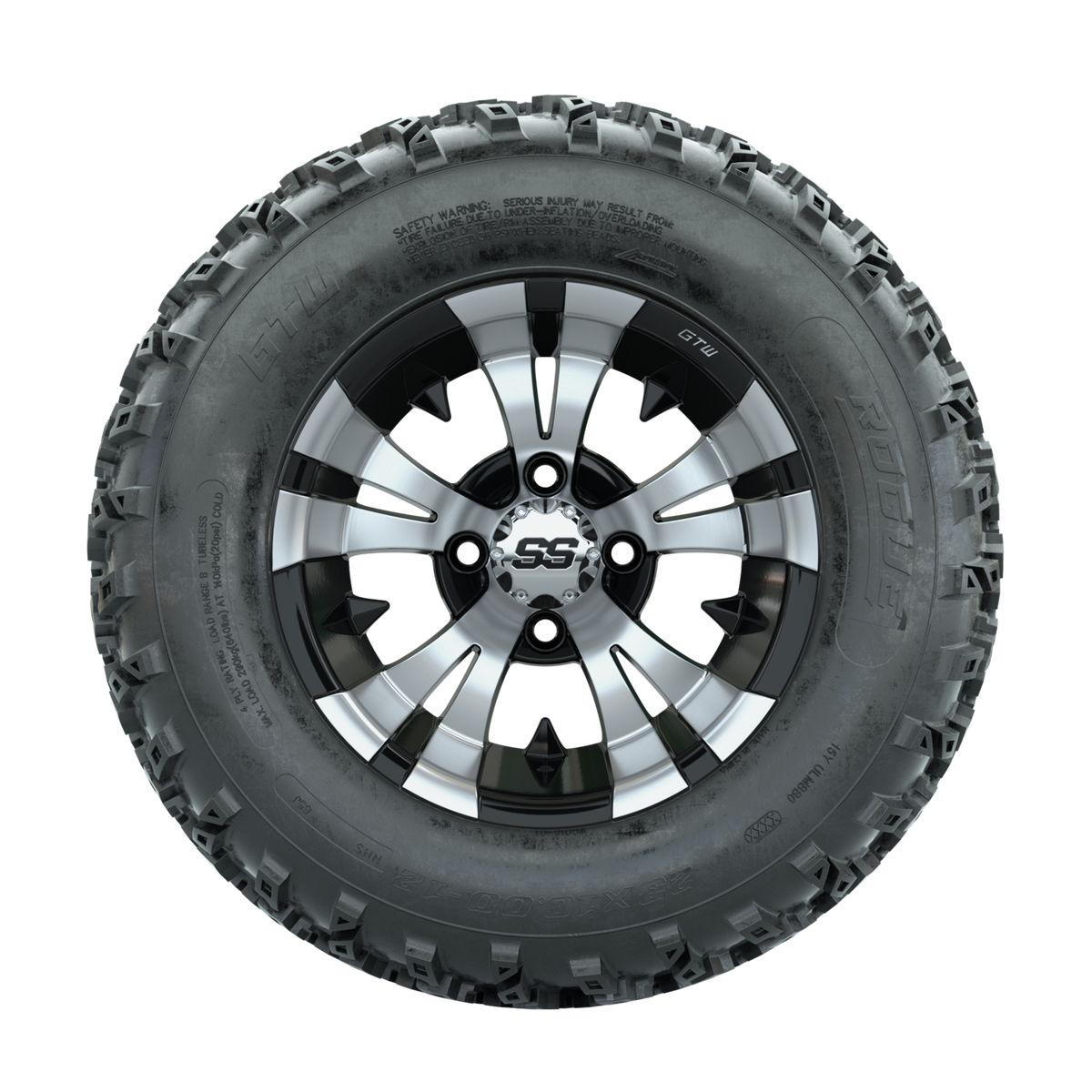 GTW Vampire Machined/Black 12 in Wheels with 23x10.00-12 Rogue All Terrain Tires Full Set