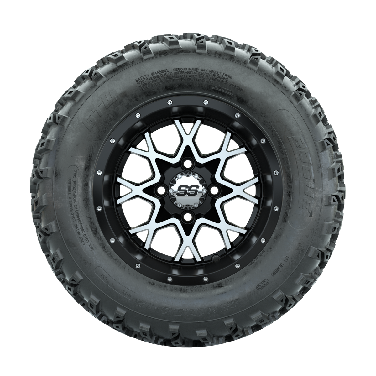GTW Vortex Machined/Matte Black 12 in Wheels with 23x10.00-12 Rogue All Terrain Tires Full Set
