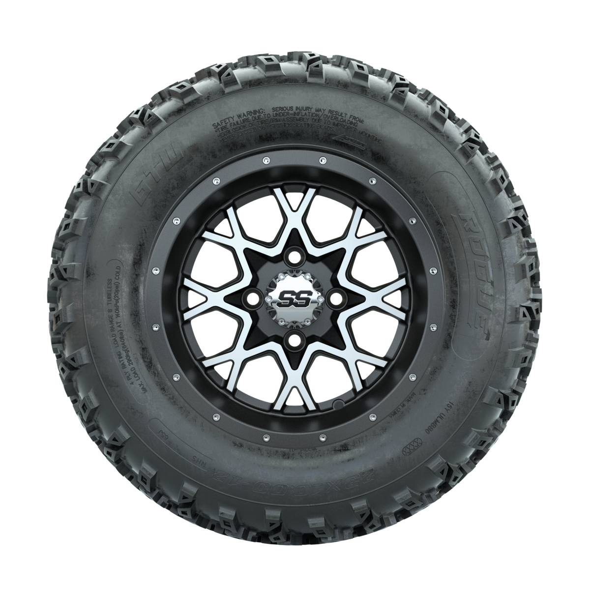 GTW Vortex Machined/Matte Grey 12 in Wheels with 23x10.00-12 Rogue All Terrain Tires Full Set