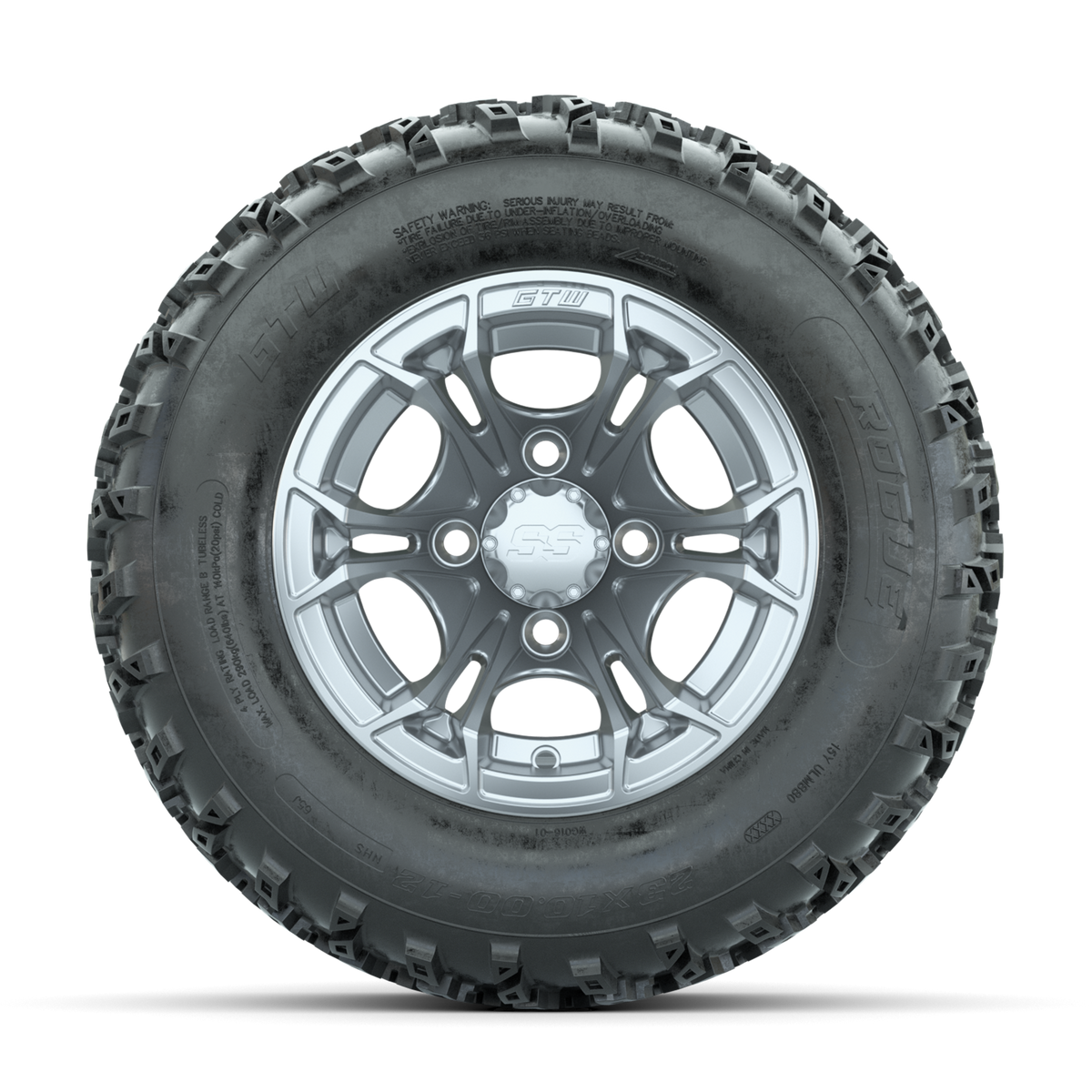 GTW Spyder Silver 12 in Wheels with 23x10.00-12 Rogue All Terrain Tires Full Set