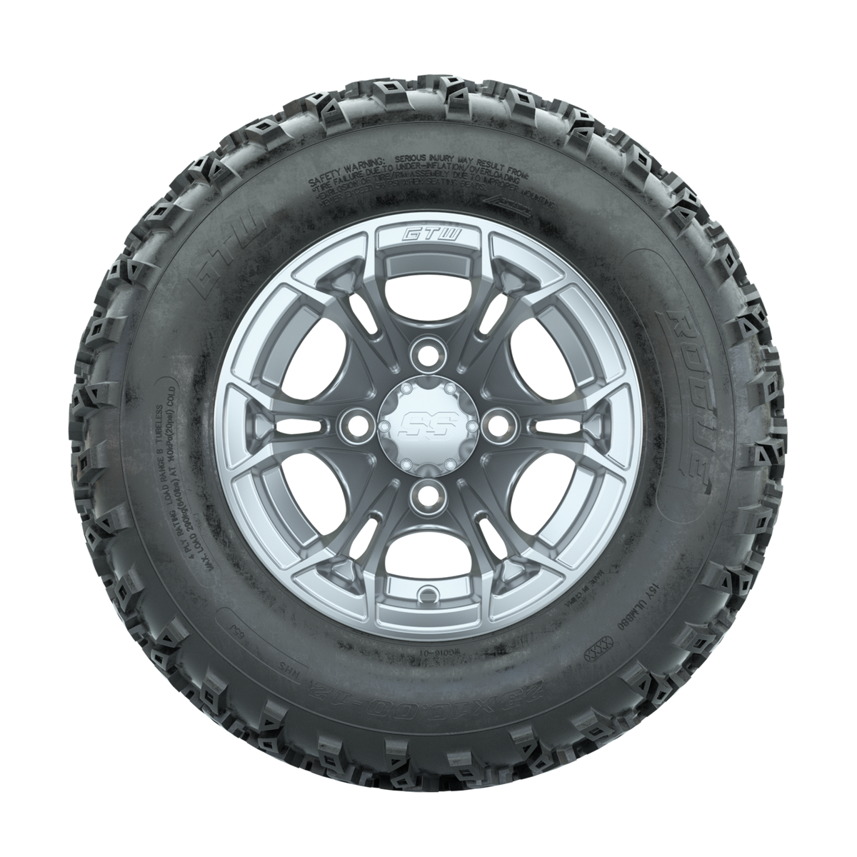 GTW Spyder Silver 12 in Wheels with 23x10.00-12 Rogue All Terrain Tires Full Set