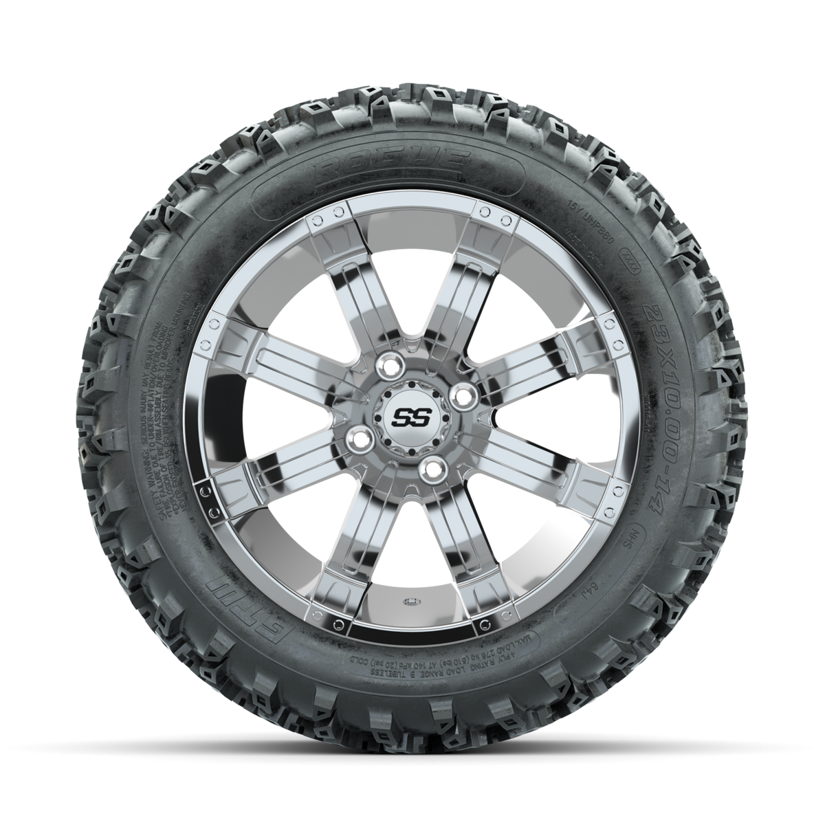 GTW Tempest Chrome 14" Golf Cart Wheels with 23x10.00-14 Rogue All-Terrain Tires – Set of 4