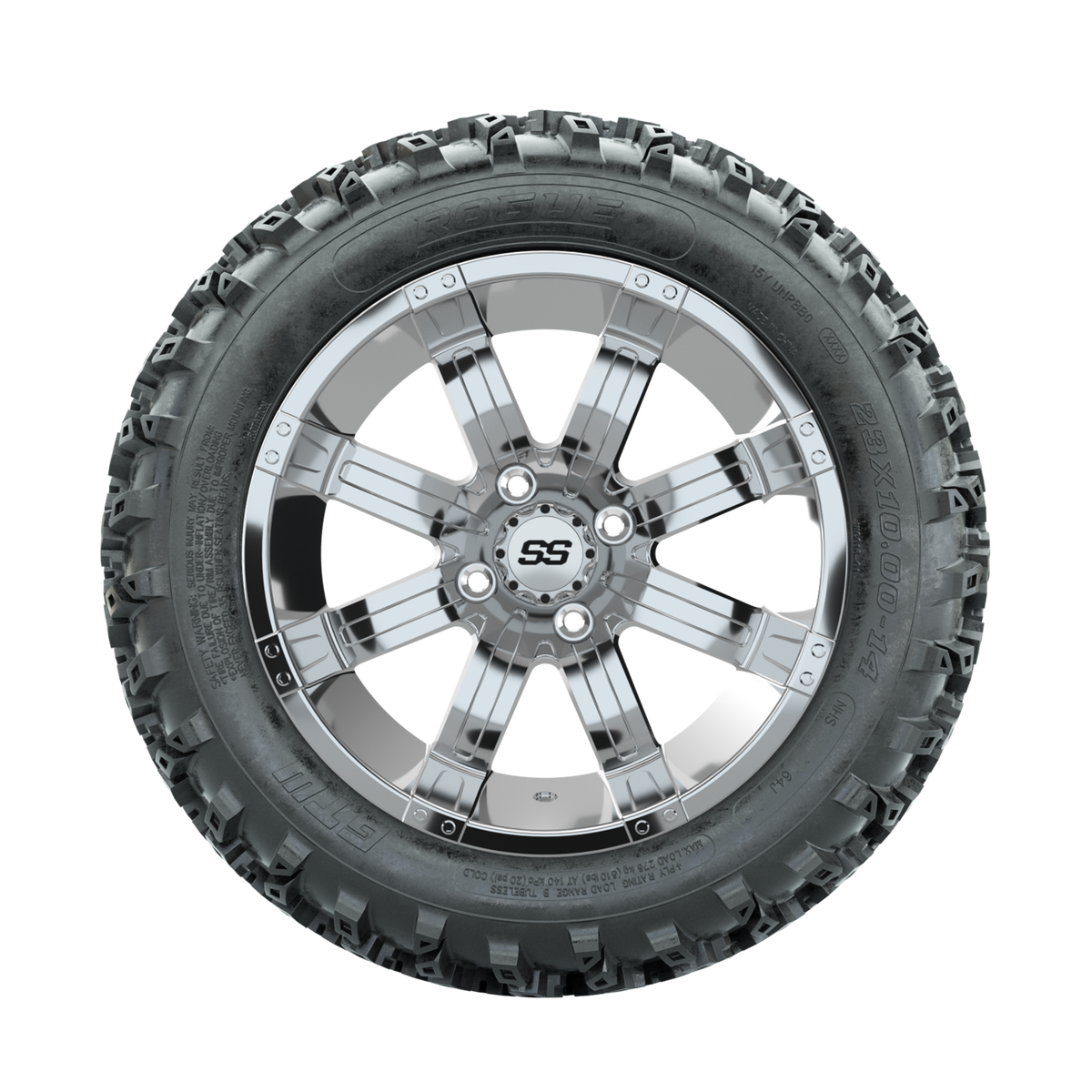 GTW Tempest Chrome 14" Golf Cart Wheels with 23x10.00-14 Rogue All-Terrain Tires – Set of 4
