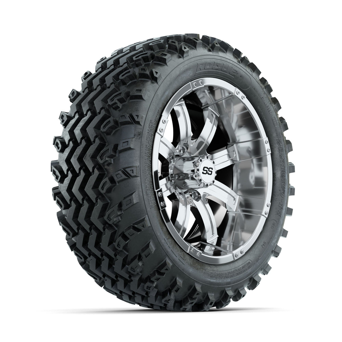GTW Tempest Chrome 14" Golf Cart Wheels with 23x10.00-14 Rogue All-Terrain Tires – Set of 4