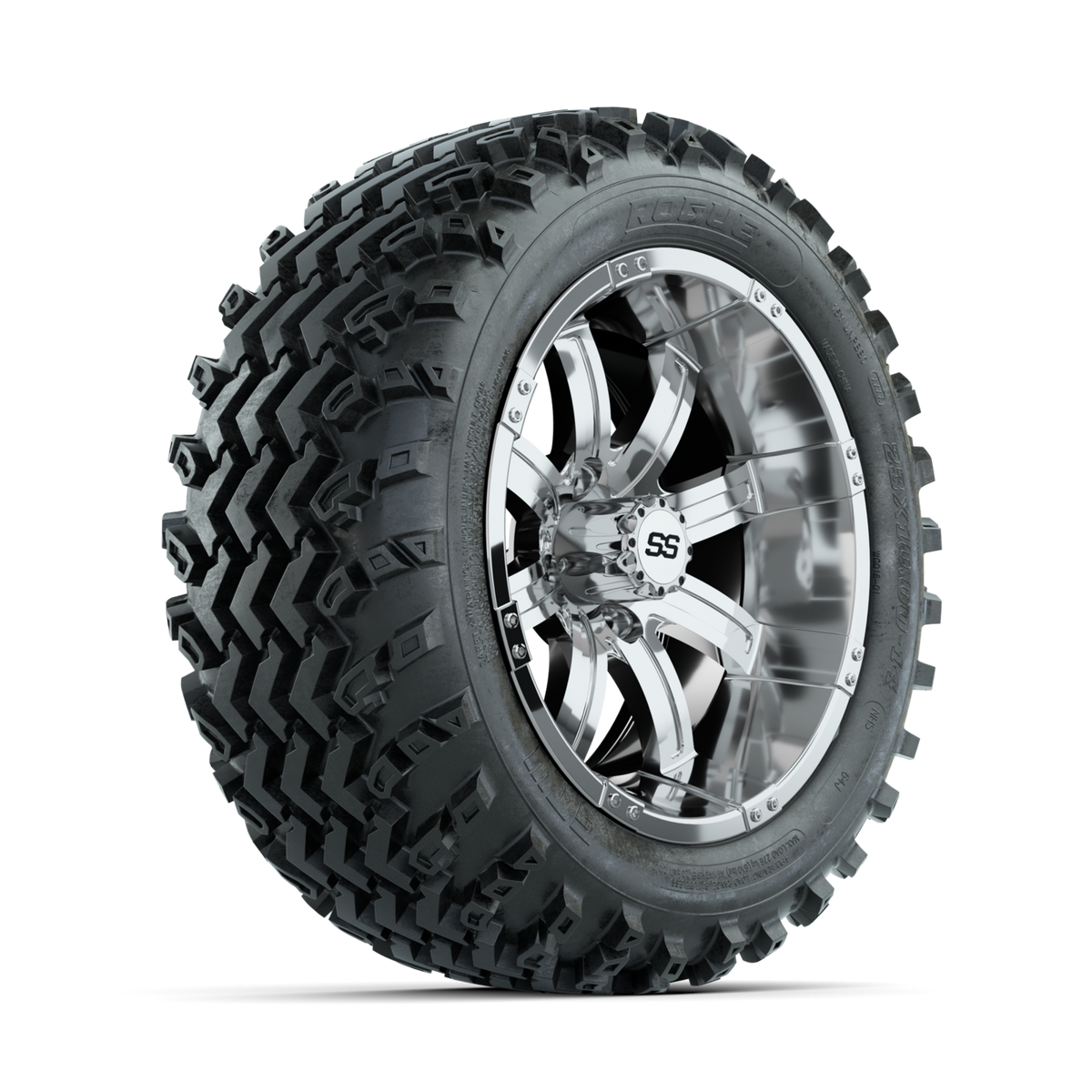 GTW Tempest Chrome 14" Golf Cart Wheels with 23x10.00-14 Rogue All-Terrain Tires – Set of 4