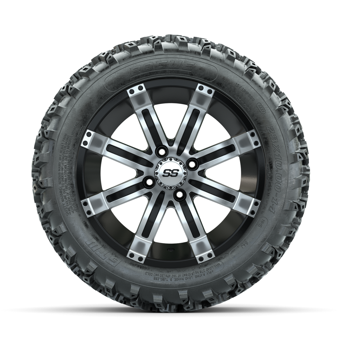 GTW Tempest Machined/Black 14 in Wheels with 23x10.00-14 Rogue All Terrain Tires Full Set