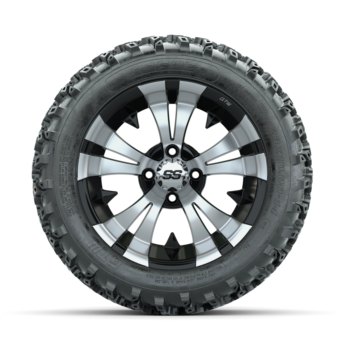 GTW Vampire Machined/Black 14 in Wheels with 23x10.00-14 Rogue All Terrain Tires Full Set