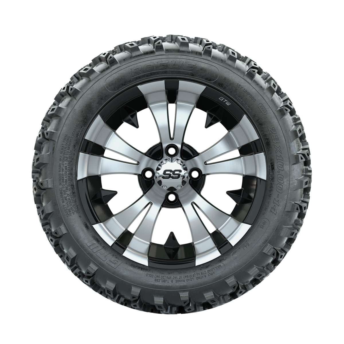 GTW Vampire Machined/Black 14 in Wheels with 23x10.00-14 Rogue All Terrain Tires Full Set