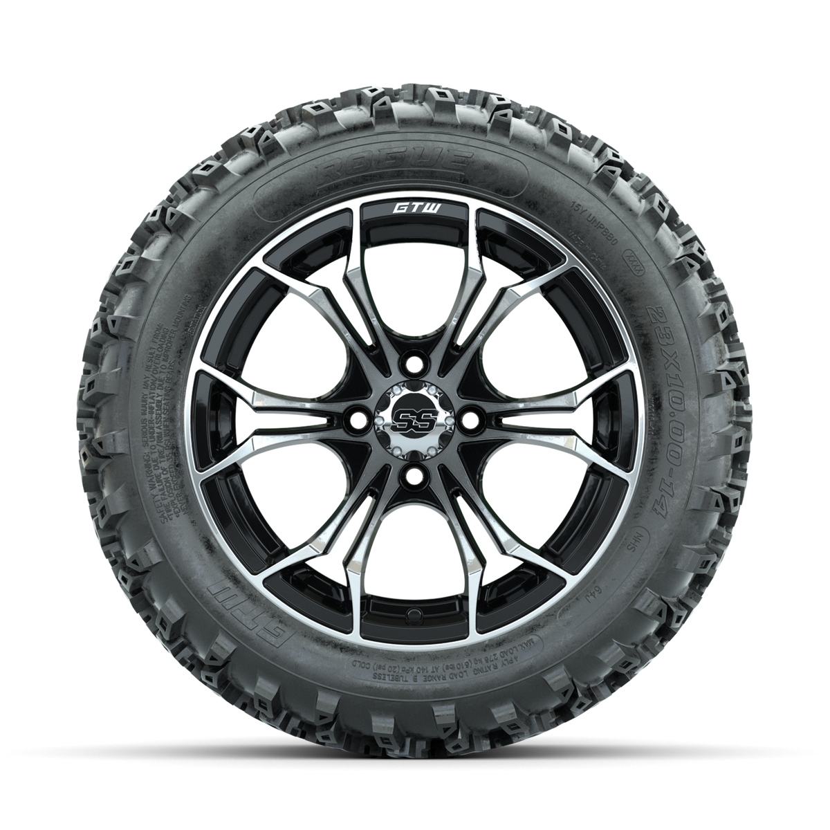 GTW Spyder Machined/Black 14 in Wheels with 23x10.00-14 Rogue All Terrain Tires Full Set