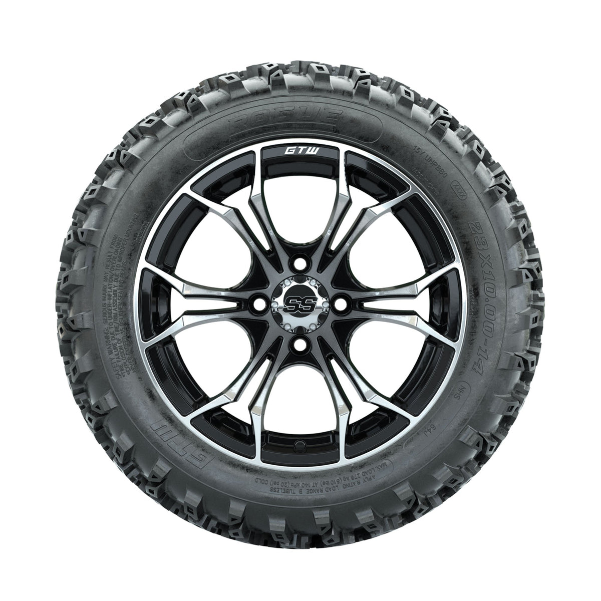 GTW Spyder Machined/Black 14 in Wheels with 23x10.00-14 Rogue All Terrain Tires Full Set