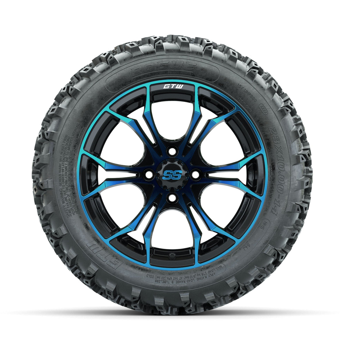 GTW Spyder Blue/Black 14 in Wheels with 23x10.00-14 Rogue All Terrain Tires Full Set
