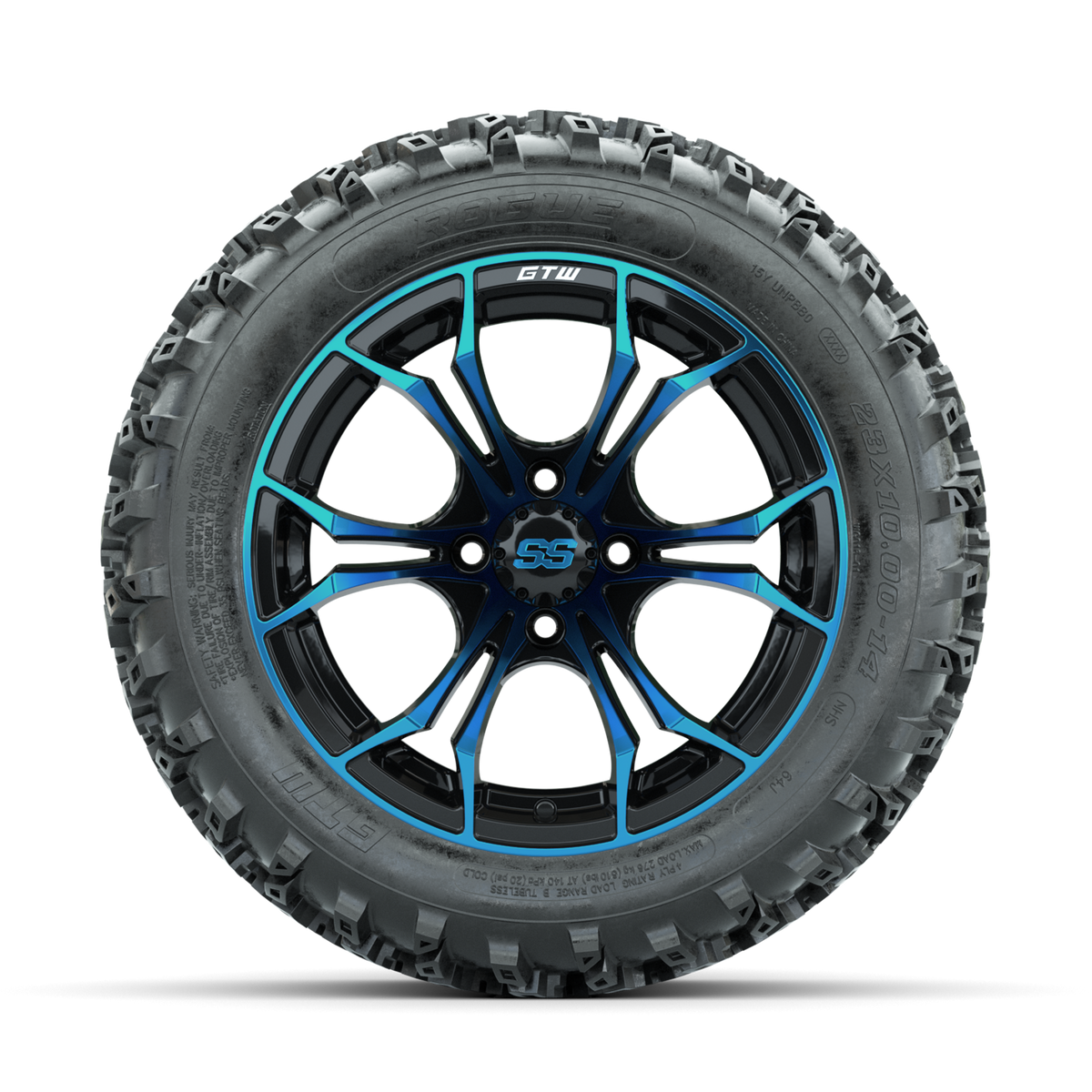 GTW Spyder Blue/Black 14 in Wheels with 23x10.00-14 Rogue All Terrain Tires Full Set