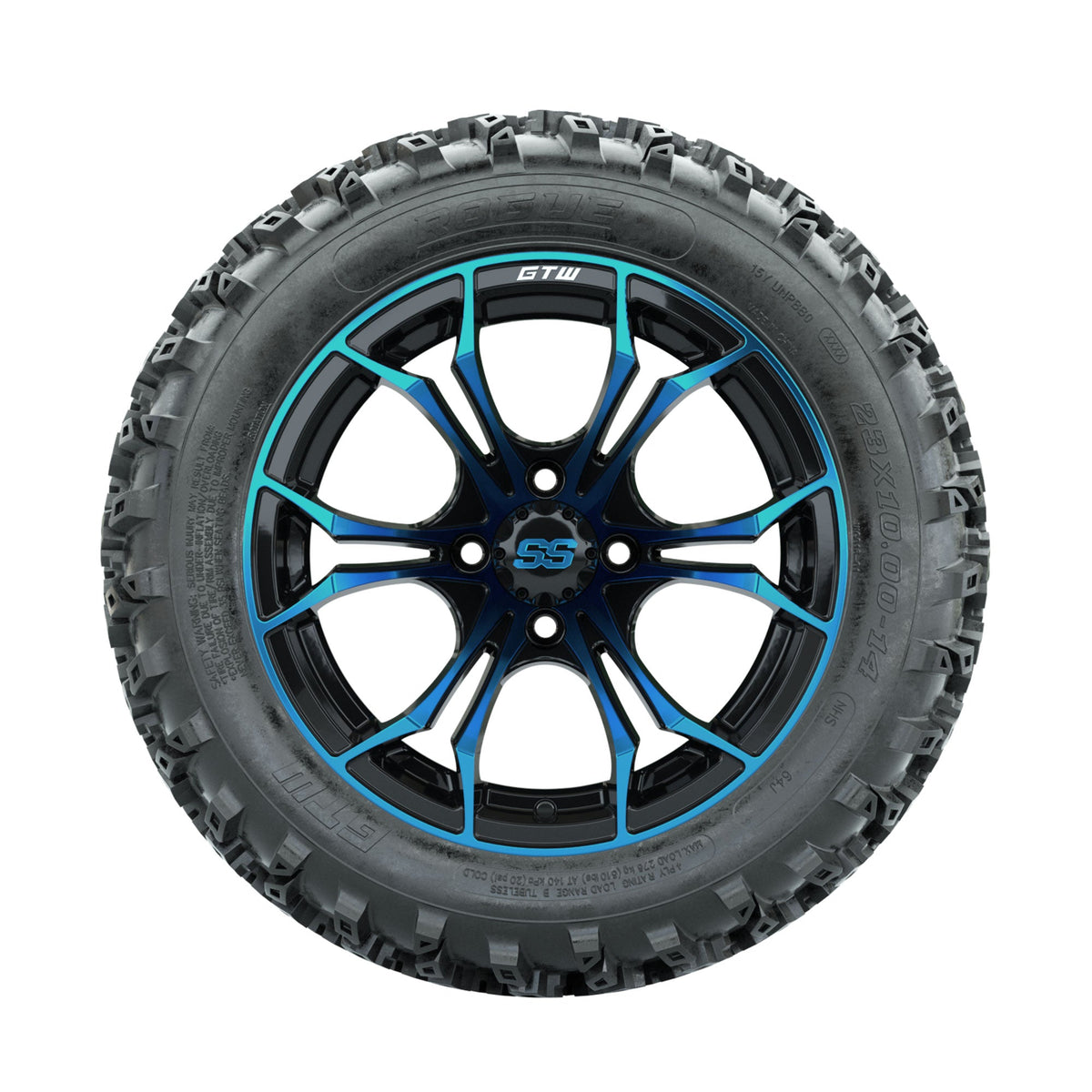 GTW Spyder Blue/Black 14 in Wheels with 23x10.00-14 Rogue All Terrain Tires Full Set