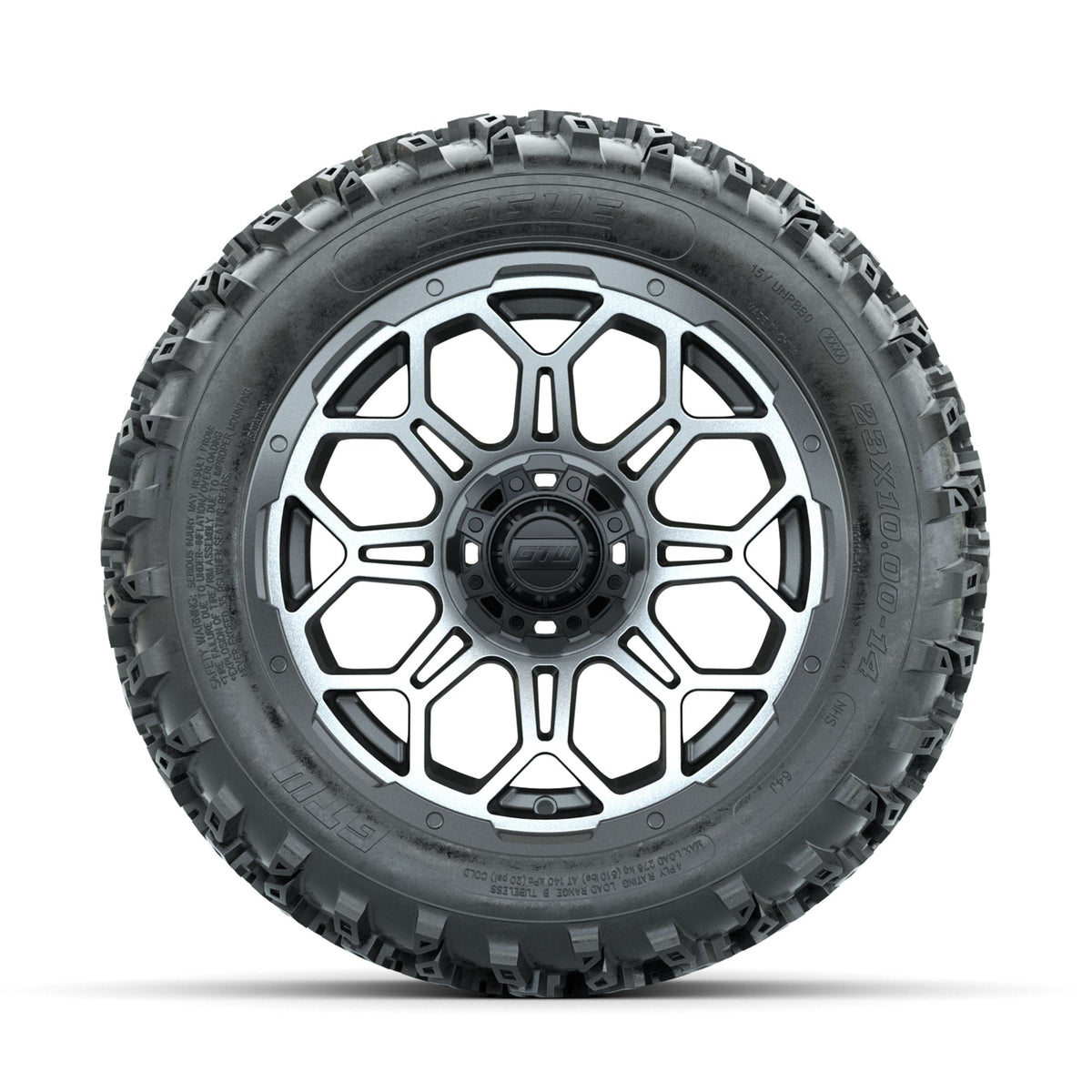 GTW Bravo Machined/Matte Grey 14 in Wheels with 23x10.00-14 Rogue All Terrain Tires Full Set