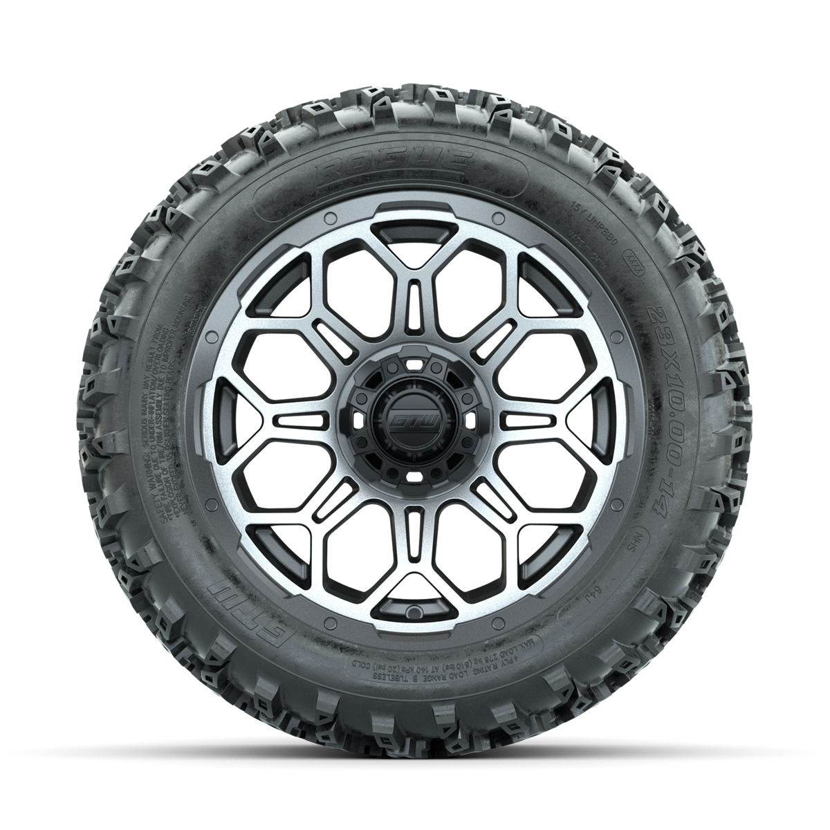 GTW Bravo Machined/Matte Grey 14 in Wheels with 23x10.00-14 Rogue All Terrain Tires Full Set