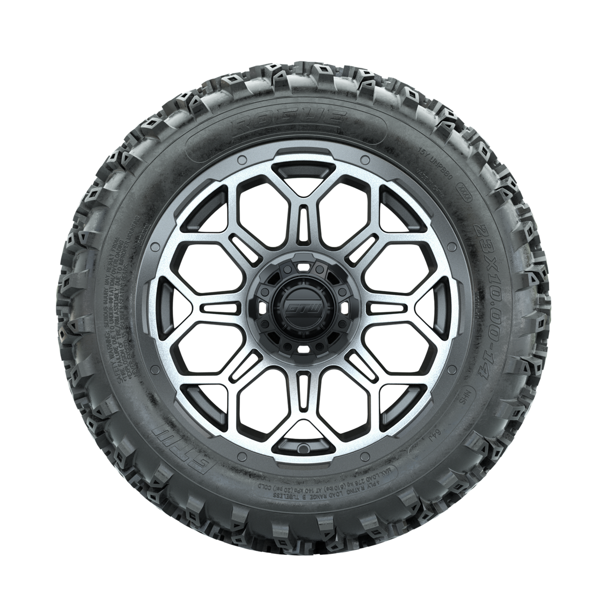 GTW Bravo Machined/Matte Grey 14 in Wheels with 23x10.00-14 Rogue All Terrain Tires Full Set