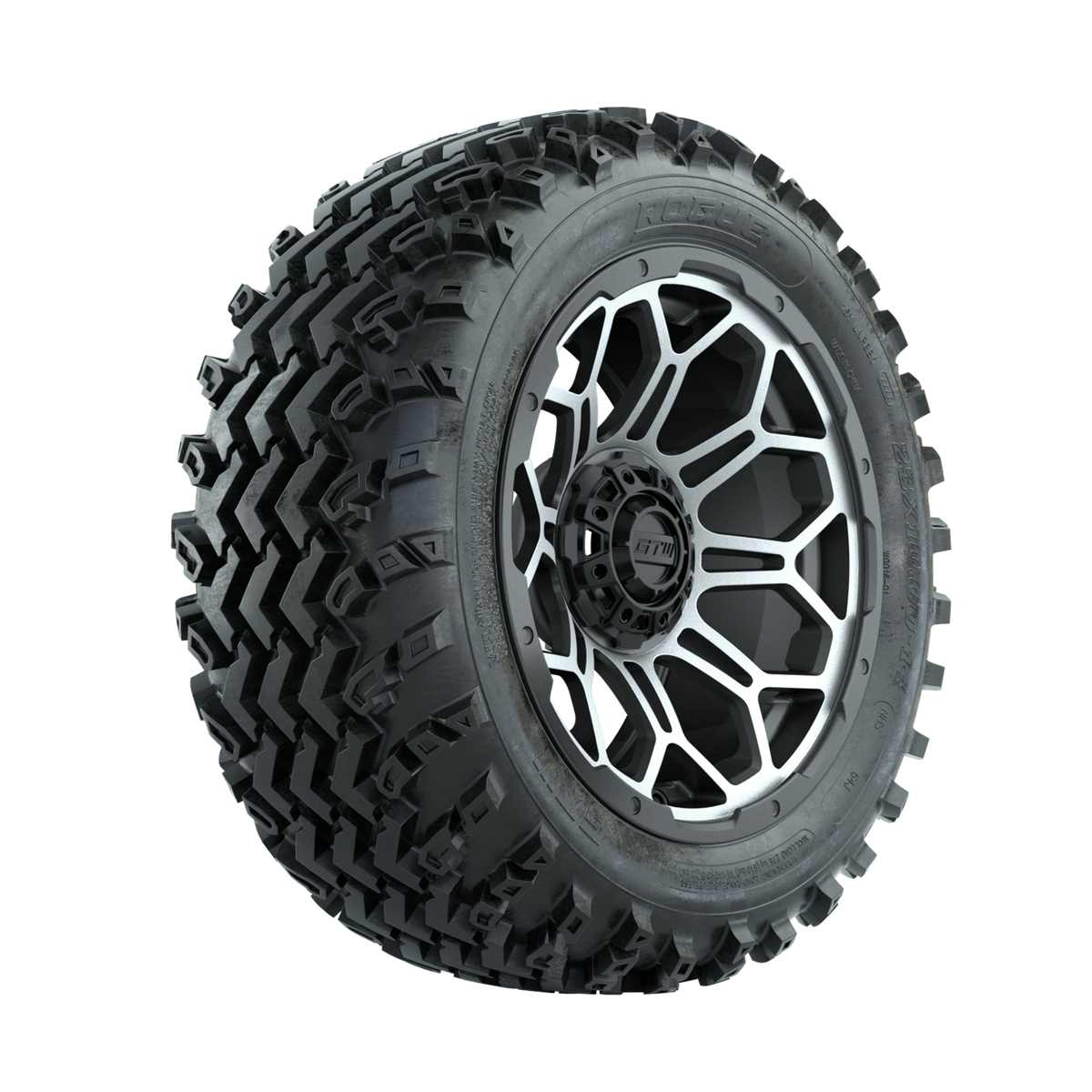 GTW Bravo Machined/Matte Grey 14 in Wheels with 23x10.00-14 Rogue All Terrain Tires Full Set