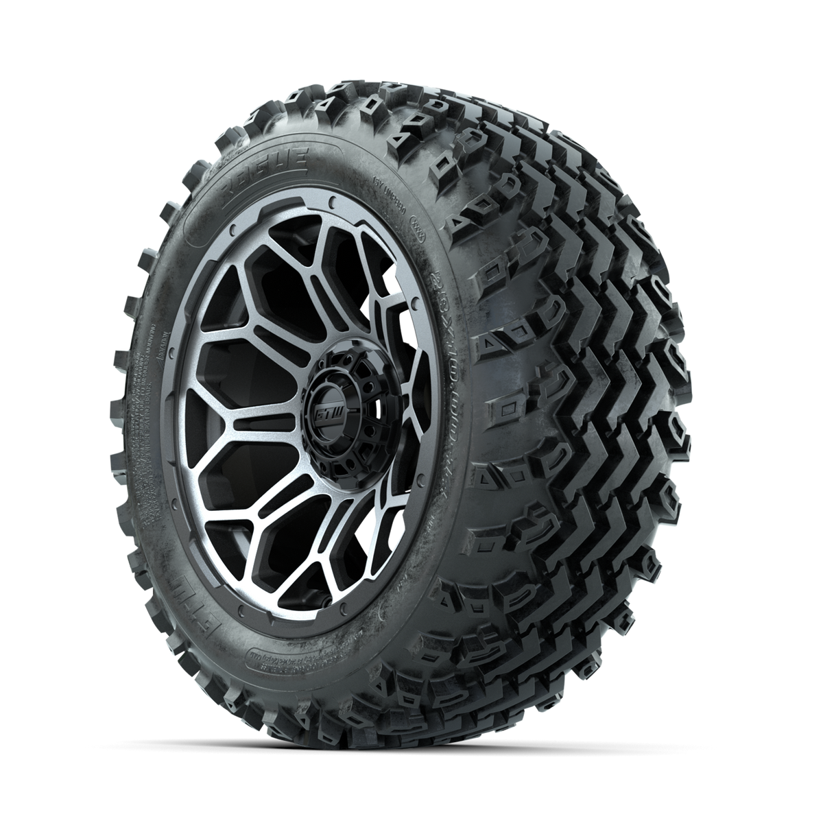 GTW Bravo Machined/Matte Grey 14 in Wheels with 23x10.00-14 Rogue All Terrain Tires Full Set