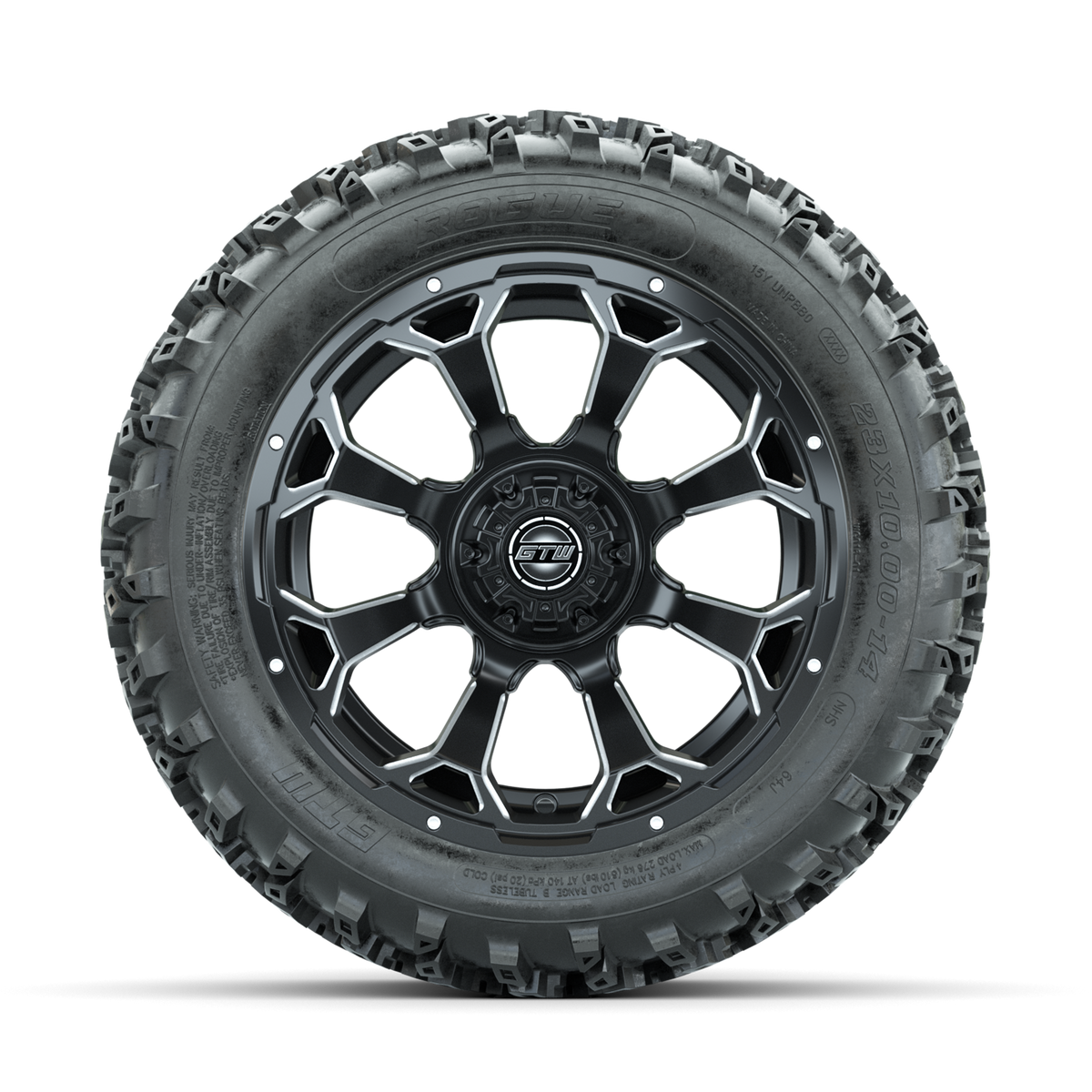 GTW Raven Ball Milled/Matte Black 14 in Wheels with 23x10.00-14 Rogue All Terrain Tires Full Set