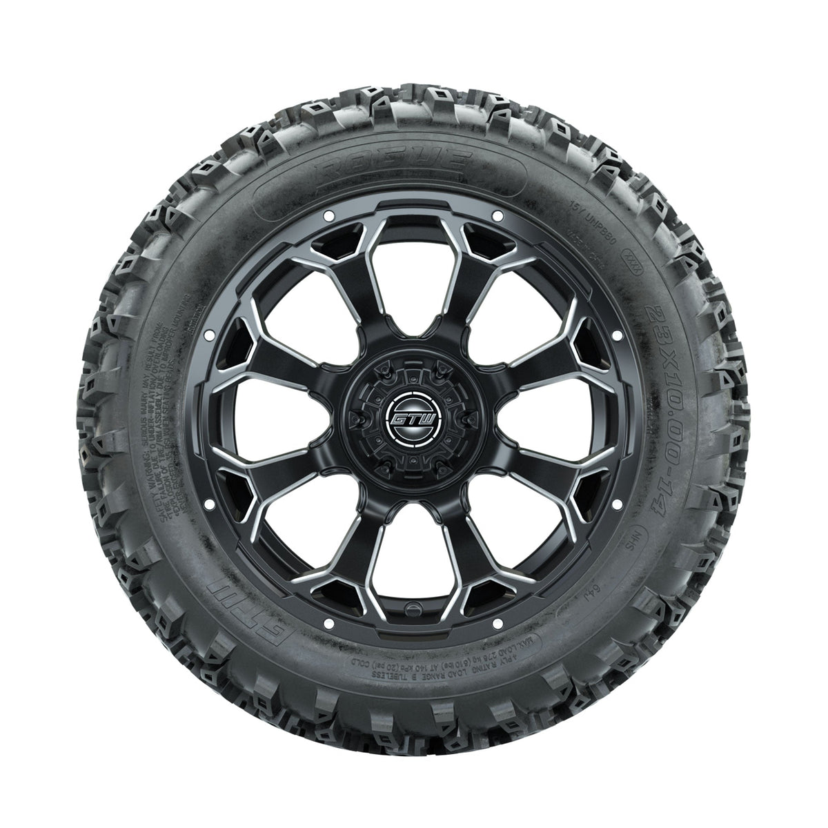 GTW Raven Ball Milled/Matte Black 14 in Wheels with 23x10.00-14 Rogue All Terrain Tires Full Set