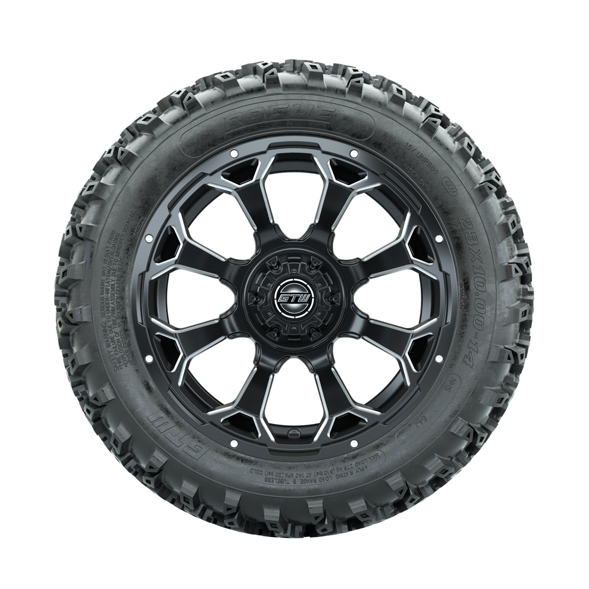 GTW Raven Ball Milled/Matte Black 14 in Wheels with 23x10.00-14 Rogue All Terrain Tires Full Set
