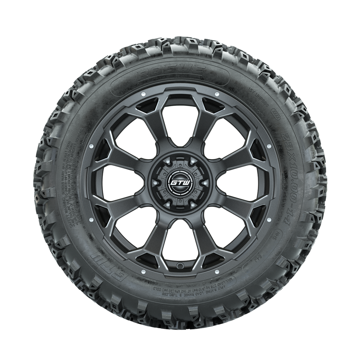 GTW Raven Ball Milled/Matte Grey 14 in Wheels with 23x10.00-14 Rogue All Terrain Tires Full Set