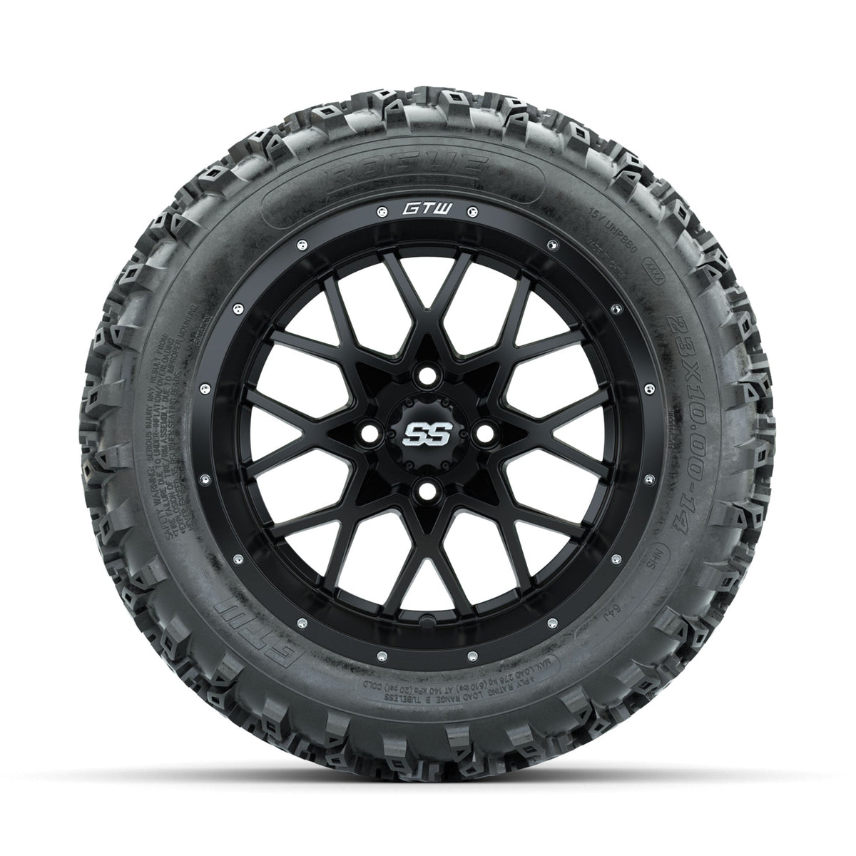 GTW Vortex Matte Black 14 in Wheels with 23x10.00-14 Rogue All Terrain Tires Full Set