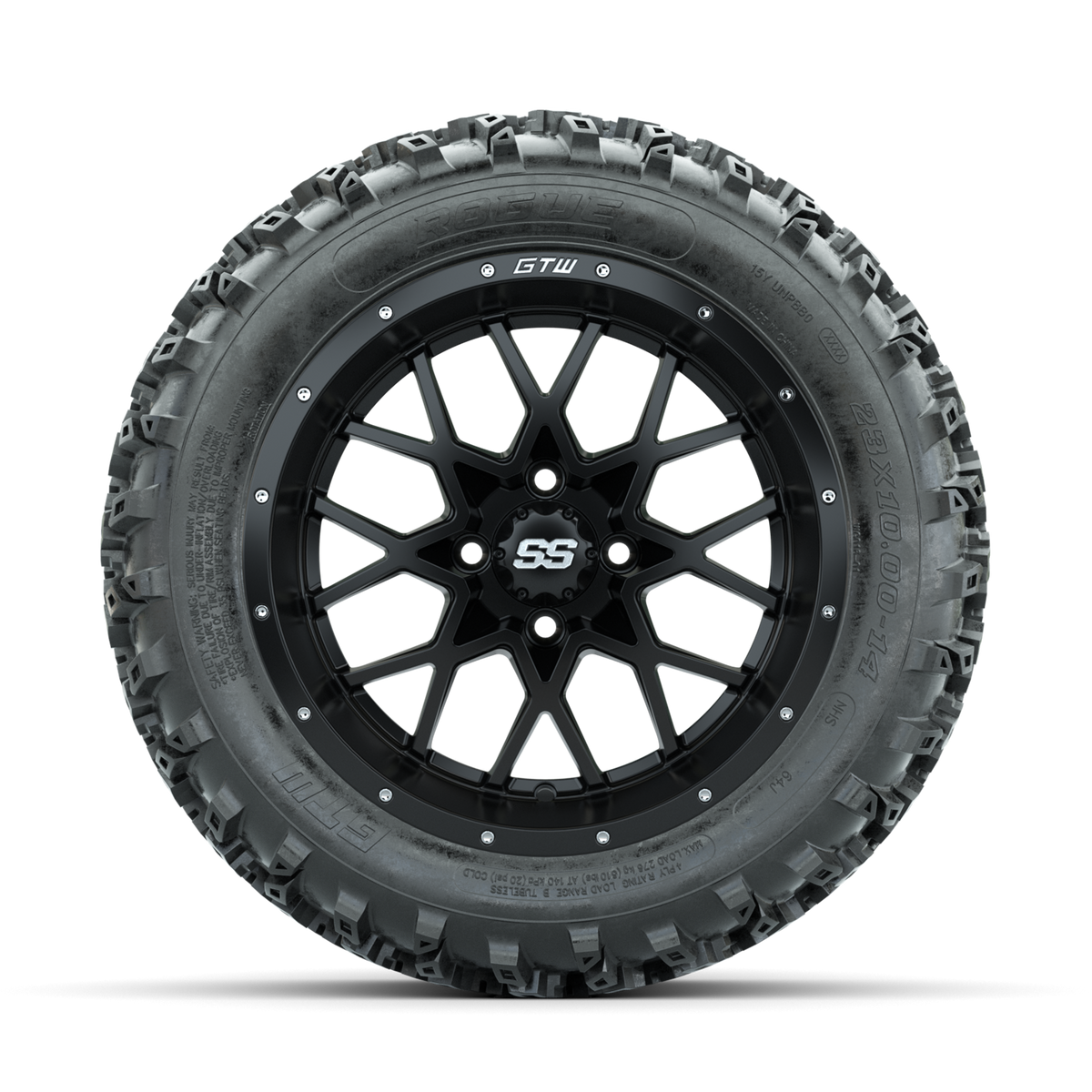 GTW Vortex Matte Black 14 in Wheels with 23x10.00-14 Rogue All Terrain Tires Full Set
