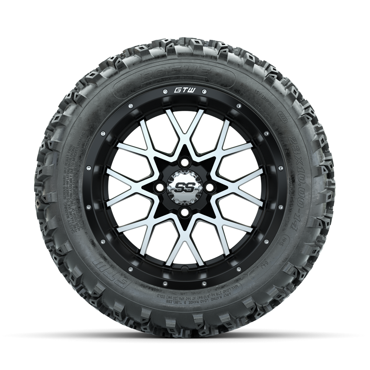 GTW Vortex Machined/Matte Black 14 in Wheels with 23x10.00-14 Rogue All Terrain Tires Full Set