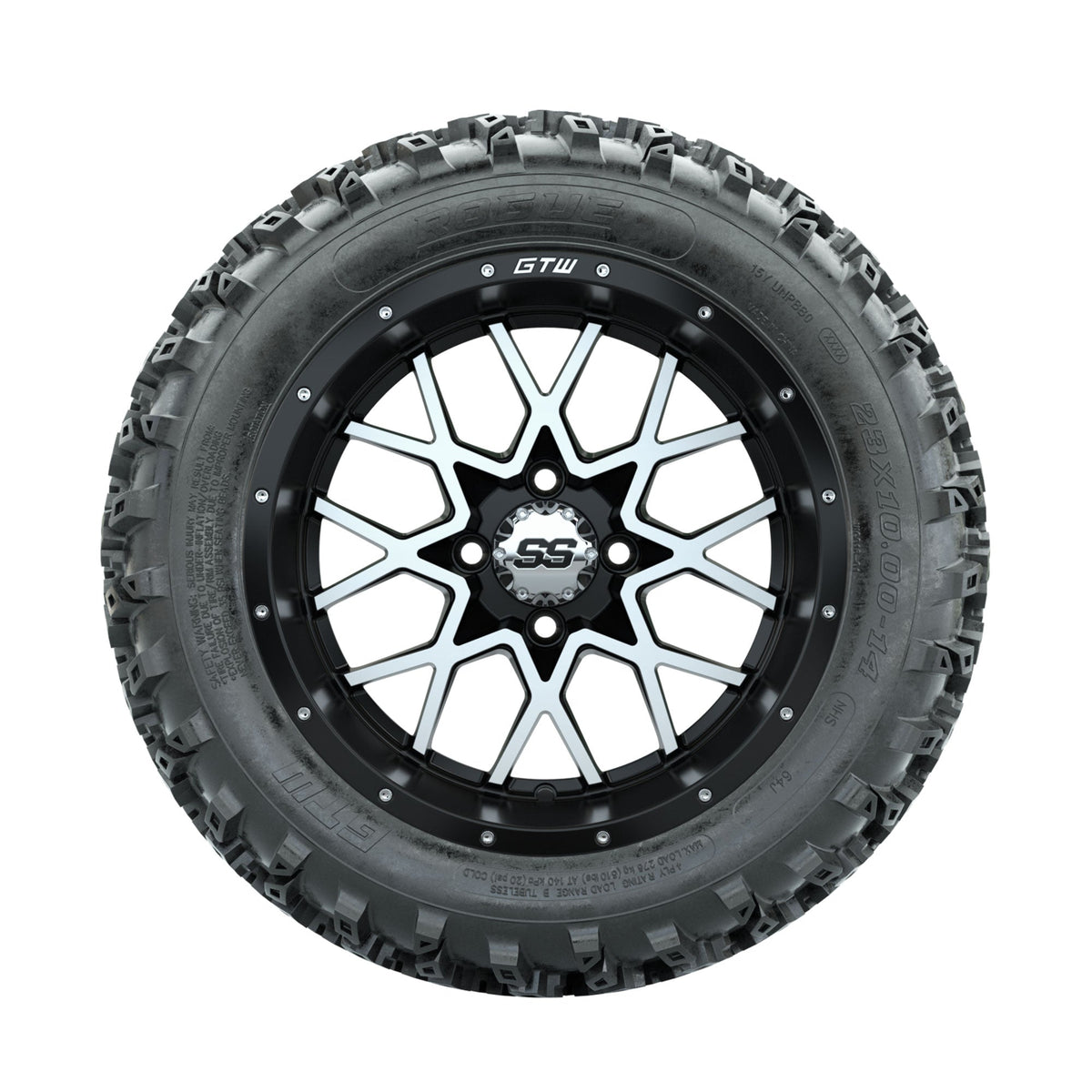 GTW Vortex Machined/Matte Black 14 in Wheels with 23x10.00-14 Rogue All Terrain Tires Full Set