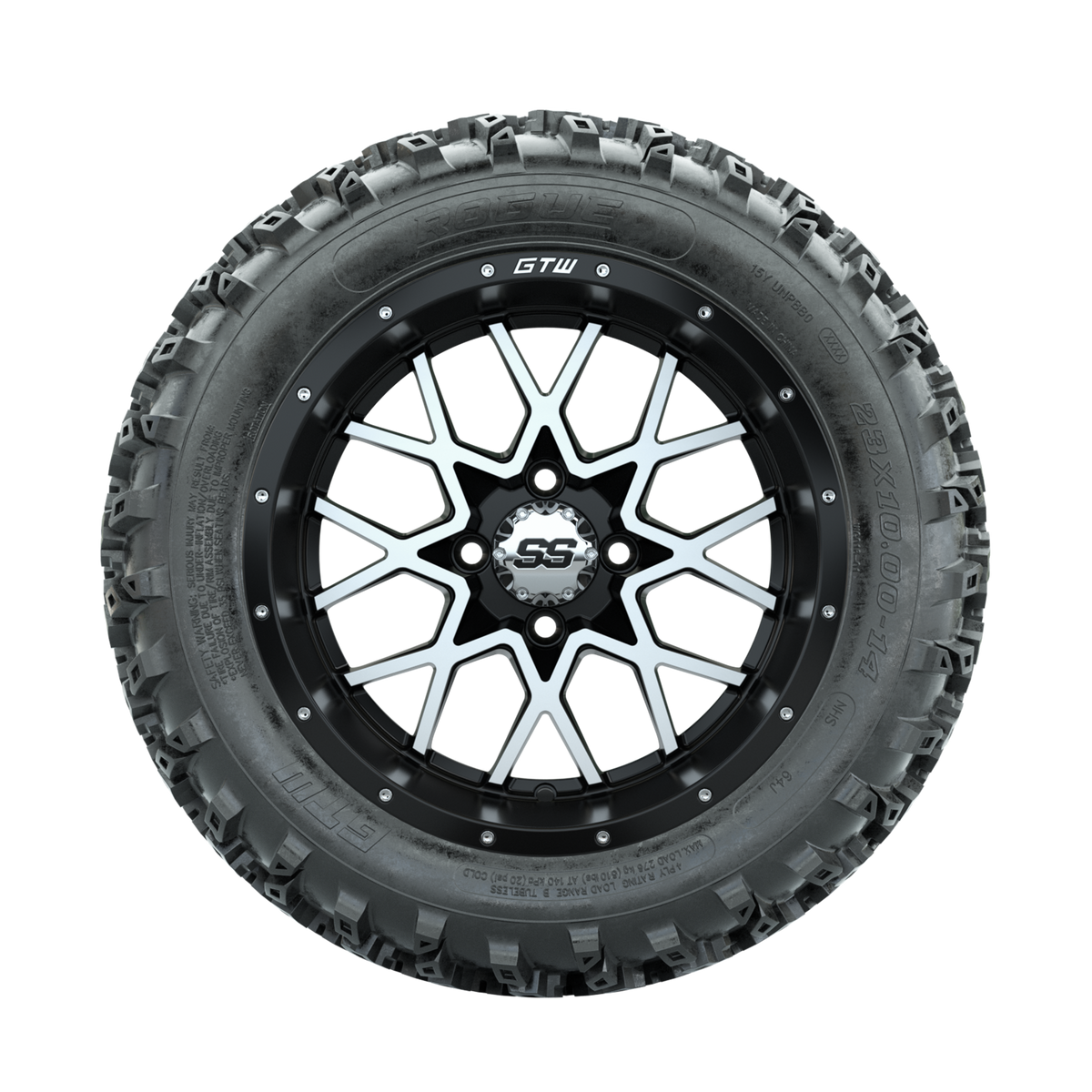 GTW Vortex Machined/Matte Black 14 in Wheels with 23x10.00-14 Rogue All Terrain Tires Full Set
